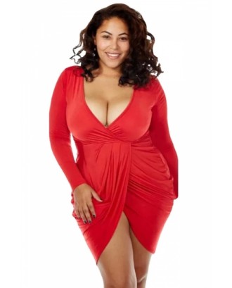 Sexy Deep V Neck Long Sleeve Plus Size Club Dress Red