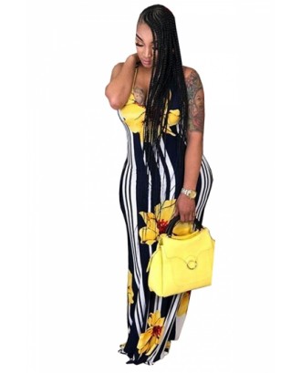 Plus Size Scoop Neck Striped Floral Print Maxi Dress Yellow