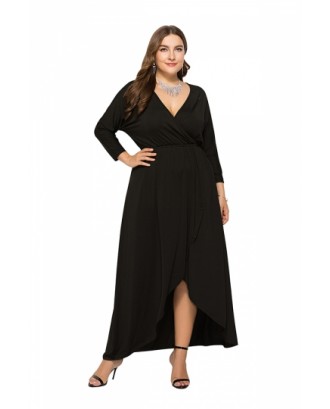 Elegant Plus Size V Neck 3/6 Sleeve Wrap Plain Maxi Dress Black