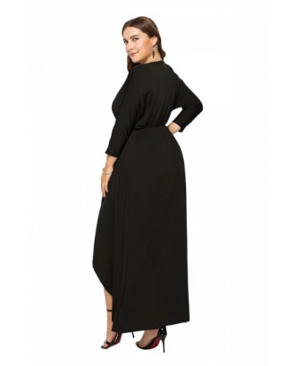 Elegant Plus Size V Neck 3/6 Sleeve Wrap Plain Maxi Dress Black