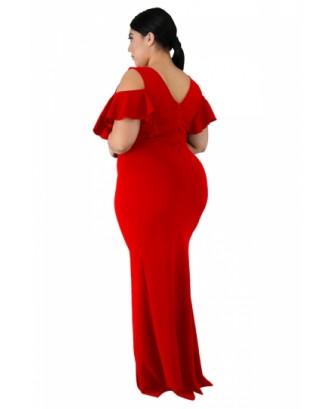 Plus Size V Neck Cut Out Split Plain Maxi Evening Dress Red