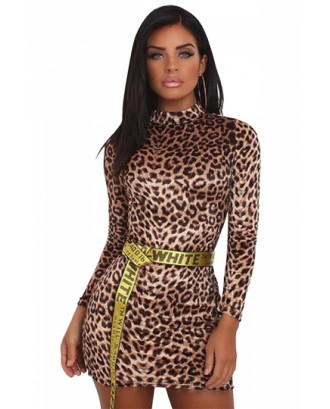 High Neck Long Sleeve Leopard Print Velvet Bodycon Mini Dress Coffee