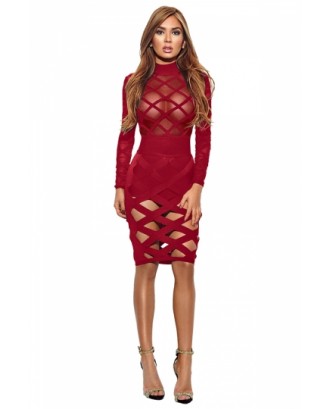 Womens Long Sleeve Sheer Bandage Cut Out Bodycon Clubwear Dress Red