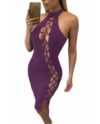 Womens Sexy Lace Up Halter Cut Out Midi Clubwear Dress Purple