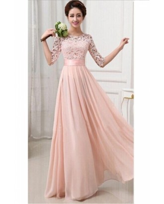 Elegant Plain Half Sleeve Cut Out Chiffon Lace Prom Dress Pink