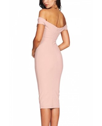 Off Shoulder Short Sleeve Twist Front Plain Bodycon Evening Dress Pink