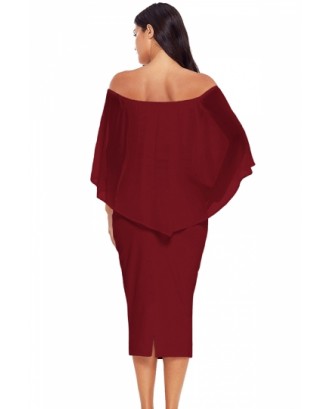 Elegant Off Shoulder Mesh Plain Bodycon Midi Evening Dress Ruby