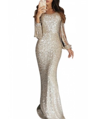 Elegant Sequin Maxi Evening Dress Silvery