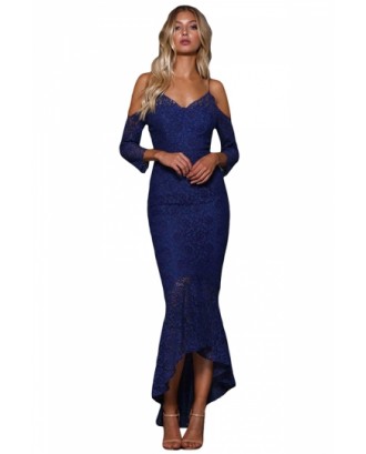 Sexy Cold Shoulder Long Sleeve Lace Maxi Mermaid Evening Dress Blue