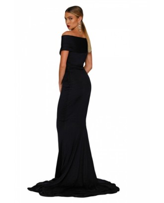 Elegant Off Shoulder Short Sleeve Plain Mermaid Evening Dress Black