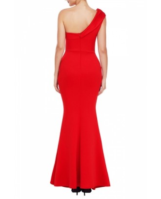One Shoulder Mermaid Gown Pleated Red