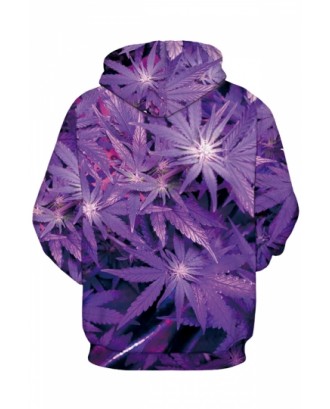 Womens Leaf Printed Long Sleeve Pocket Pullover Hoodie Purple