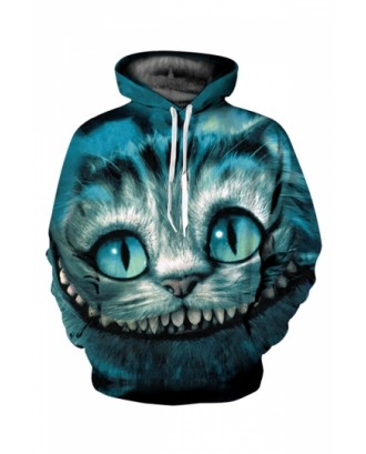 Womens Casual Long Sleeve Cheshire Cat Printed Hoodie Turquoise