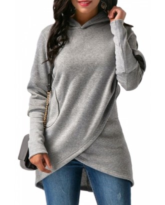 Womens Long Sleeve With Pocket Asymmetrical Hem Plain Hoodie Gray