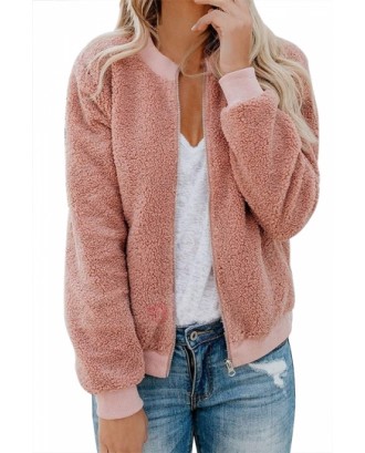 Faux Fur Jacket Stand Collar Pink
