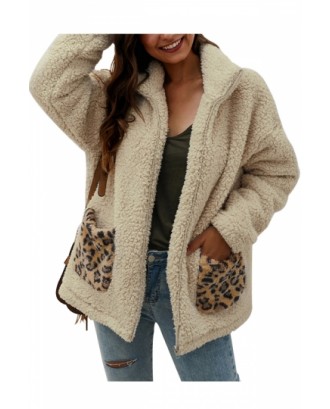 Solid Zip Up Teddy Jacket Faux Fur Apricot