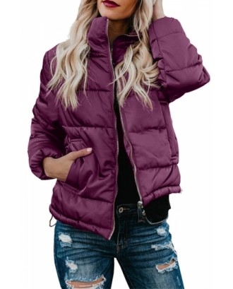 Stand Collar Puffer Jacket With Pocket Ruby
