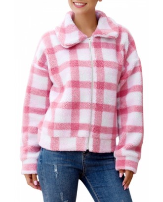 Plaid Sherpa Faux Fur Jacket For Women Pink