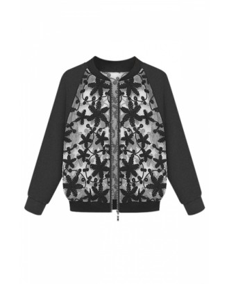 Womens Stand Collar Embroidery Patchwork Jacket Black