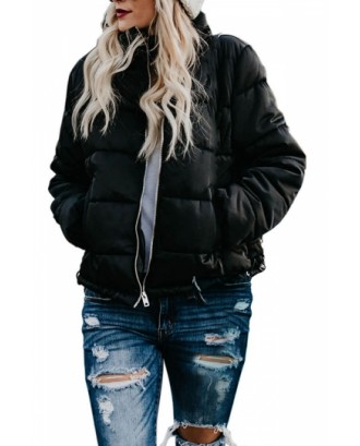 Solid Womens Puffer Jacket With Pocket Black