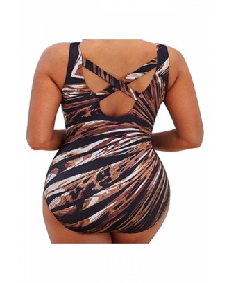 Plus Size Backless Criss Cross Print One Piece Swimsuit Coffee