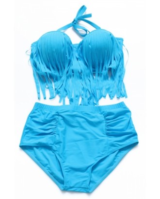 Retro High Waist Braided Fringe Top Bikini Swimwear Plus Size Blue