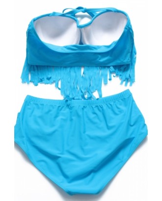 Retro High Waist Braided Fringe Top Bikini Swimwear Plus Size Blue