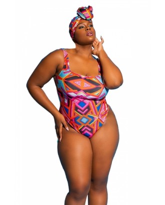 Plus Size Backless Geometrical Print High Cut One Piece Swimsuit Red