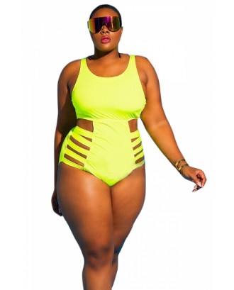 Plus Size Crew Neck Backless Cut Out Plain One Piece Swimsuit Green