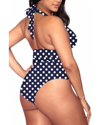 Plus Size Halter Cut Out Polka Dot Bikini Set Navy Blue
