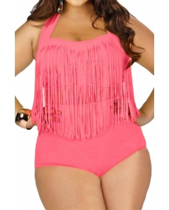 Retro High Waist Braided Fringe Top Bikini Swimwear Plus Size Pink