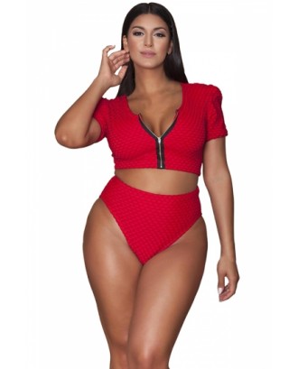 Plus Size Short Sleeve Zipper Front Plain High Waisted Tankini Red