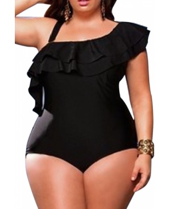 Sexy Black Plus Size One Shoulder Ruffle One Piece Swimsuit