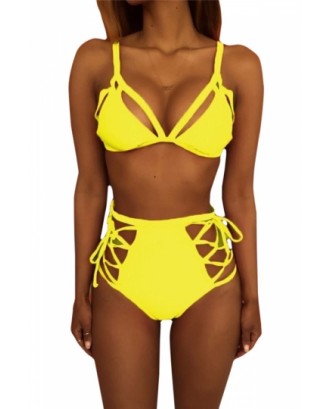 Womens Sexy Cutout Top&High Waist Lace-up Bottom Bikini Set Yellow