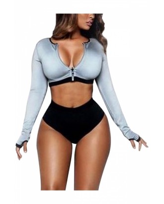 Long Sleeve Zipper High Waisted Color Block Two-Piece Swimsuit Gray