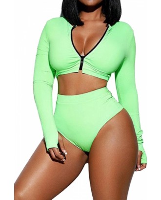 Long Sleeve Zipper Front High Waisted Plain Two-Piece Swimsuit Green