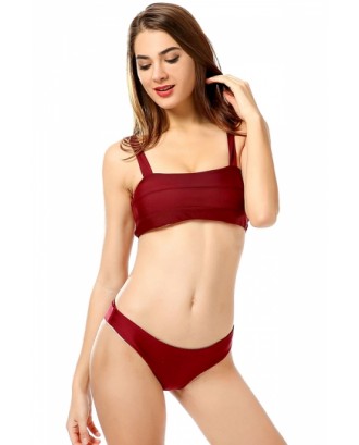 Stylish Straps Square Neck Plain High Cut Bikini Set Ruby