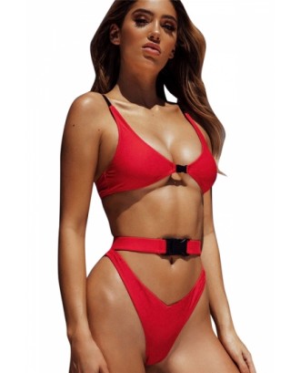Sexy Buckle Triangle Top Cut Out Plain High Cut Bikini Set Red