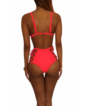Womens Sexy Bikini Top&High Waist Lace-up Swimsuit Bottom Rose Red