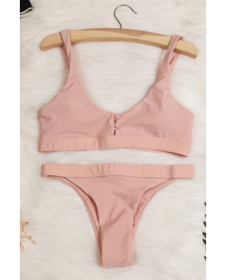 Scoop Neck Button Down Plain High Cut Bikini Set Pink