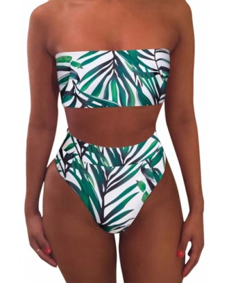 Leaf Print Bandeau Top High Waisted Bikini Set Turquoise