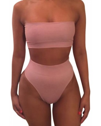 Sexy Bandeau High Waisted Bikini Bottoms Set Two Piece Swimsuits Pink