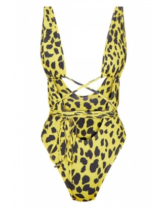 Criss Cross Leopard Print High Cut One Piece Swimsuit Yellow