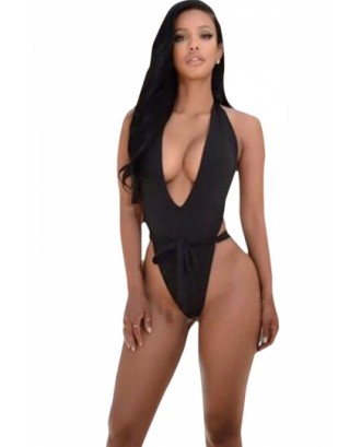 Sexy Plunging Neck High Cut One Piece Swimsuit Black