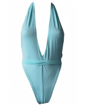 Sexy Plunging Neck High Cut One Piece Swimsuit Blue