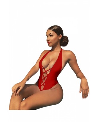 Womens Sexy Halter Backless Cut Out High Cut One Piece Swimsuit Red