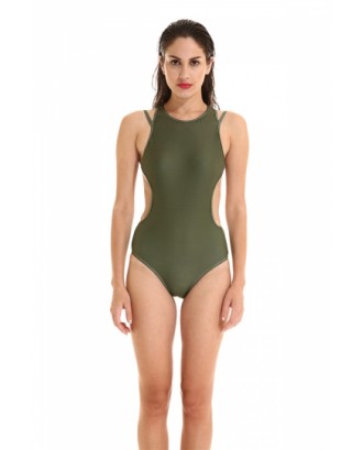 Sexy Sleeveless Backless Strappy Plain One Piece Swimsuit Green