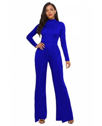 High Collar Long Sleeve Wide Legs Plain Jumpsuit Sapphire Blue