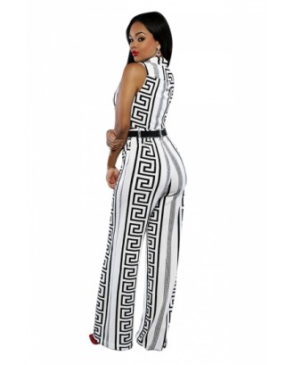 Womens Casual Printed High Waist Palazzo Jumpsuit White