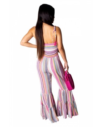 Sexy Sleeveless Tie Shoulder Striped Bell Bottom Jumpsuit